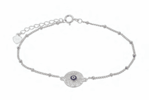 Сребърна гривна с релефна кръгла висулка, топчета и „Синьо Око“ | HappyMarket.bg Сребърна гривна с релефна кръгла висулка, топчета и „Синьо Око“ | Бижута