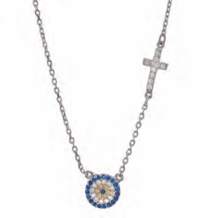 Сребърно колие с кръгла висулка „Синьо око“ от цветни цирконии и кръст с бели цирконии  |  Бижута