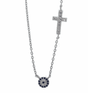 Сребърно колие с кръгла висулка „Синьо око“ от тъмносини и бели цирконии и кръст с цирконии  |  Бижута