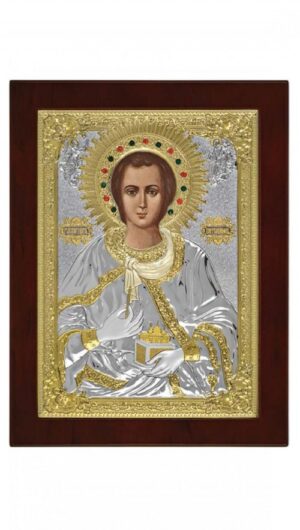 Сребърна икона с позлата Свети Панталеймон, MA/E1140BX-G   15×21см  |  Икони