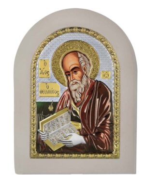 Сребърна цветна икона с бяла рамка Свети Йоан Богослов, MA/E1142/WH-BXC, 15×21см  |  Икони