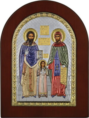 Сребърна цветна икона с магнит Свети новомъченици Рафаил, Николай и Ирина, MA/E1144OX-C, 4x6 см - Image 1