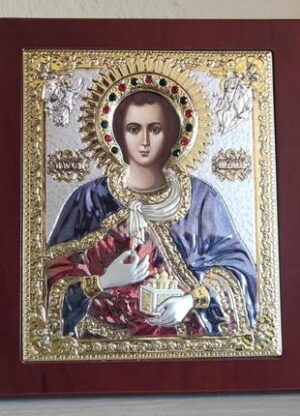 Сребърна цветна икона Свети Панталеймон, MA/E1140AX -C, 20×26см  |  Икони