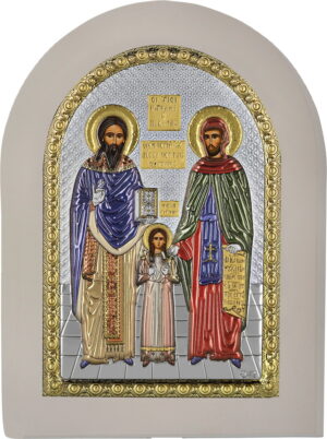 Сребърна цветна икона с бяла рамка Свети новомъченици Рафаил, Николай и Ирина, MA/E1144/WH-BXC, 15×21см  |  Икони