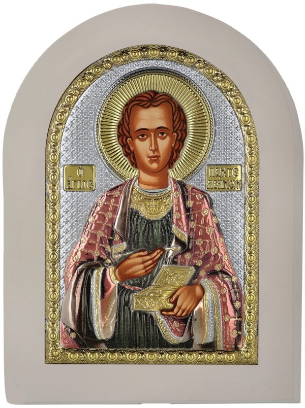 Сребърна цветна икона с бяла рамка Свети Панталеймон, MA/E1120/WH-AXC, 20×26см | HappyMarket.bg Сребърна цветна икона с бяла рамка Свети Панталеймон, MA/E1120/WH-AXC, 20×26см | Икони