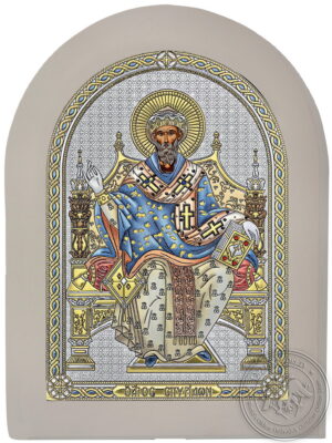 Сребърна цветна икона с бяла рамка на Свети Спиридон на трон, MA/E1122/WH-BXC, 15×21см | HappyMarket.bg Сребърна цветна икона с бяла рамка на Свети Спиридон на трон, MA/E1122/WH-BXC, 15×21см | Икони