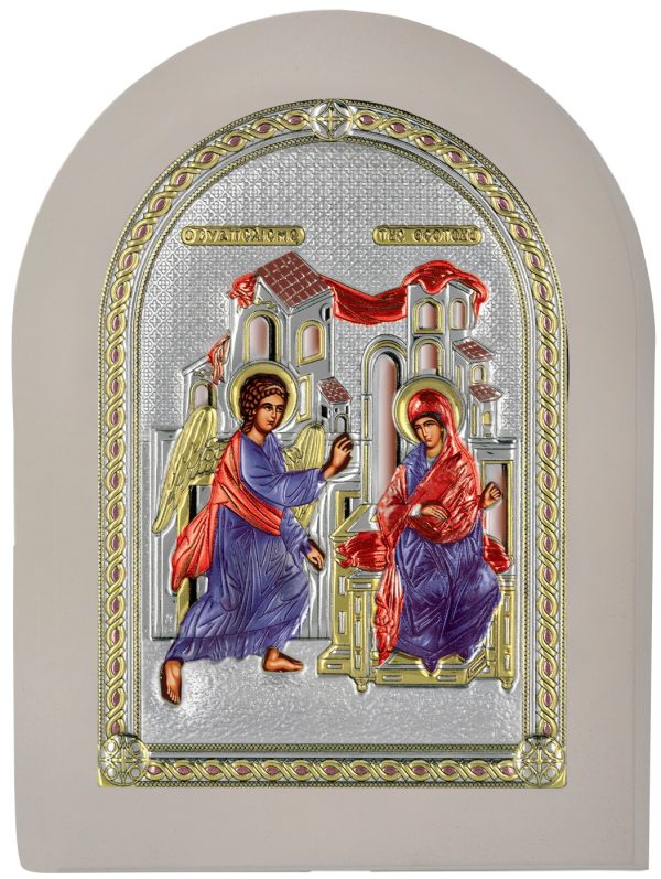 Сребърна цветна икона с бяла рамка Благовещение, MA/E1117/WH-AXC, 20×26см | HappyMarket.bg Сребърна цветна икона с бяла рамка Благовещение, MA/E1117/WH-AXC, 20×26см | Икони