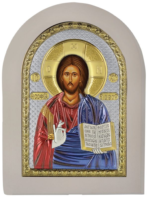 Сребърна цветна икона с бяла рамка на Исус Христос, MA/E1107AX-C, 20×26см | HappyMarket.bg Сребърна цветна икона с бяла рамка на Исус Христос, MA/E1107AX-C, 20×26см | Икони