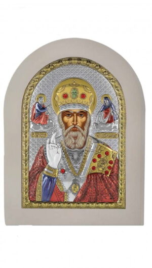Сребърна цветна икона с бяла рамка  на Св. Николай Чудотворец, MA/E1108/WH-AXC ,20X26см - Image 1