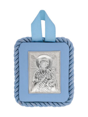 Детска сребърна икона за момче син фон с Богородица Одигитрия | HappyMarket.bg Детска сребърна икона за момче син фон с Богородица Одигитрия | Деца
