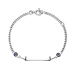 Сребърна детска гривна със сини очи и плочка за гравиране  |  Деца