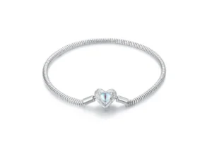 Сребърна гривна тип Пандора със закопчалка сърце и син камък  |  Бижута тип Пандора