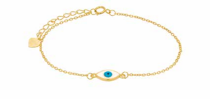 Открийте магията на защитата с тази изискана позлатена сребърна гривна Окото на Назар в бяло и светло синьо.