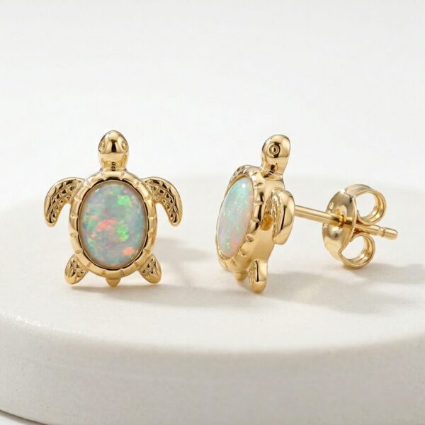 Сребърни позлатени обеци Костенурка с опал на винт  |  Бижута