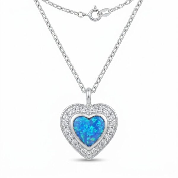 Сребърно колие сърце с опал и цирконии  |  Бижута