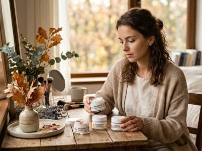 Жена разглежда буркани с крем за лице според сезона, седнала до дървена маса с есенна декорация и козметика.