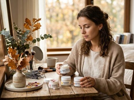 Начало 4 Жена разглежда буркани с крем за лице според сезона, седнала до дървена маса с есенна декорация и козметика.