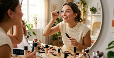 Усмихната млада жена нанася спирала пред огледало, демонстрирайки рутина за бърз грим за 10 минути с козметични продукти като фон дьо тен, руж и четки, подредени на тоалетката