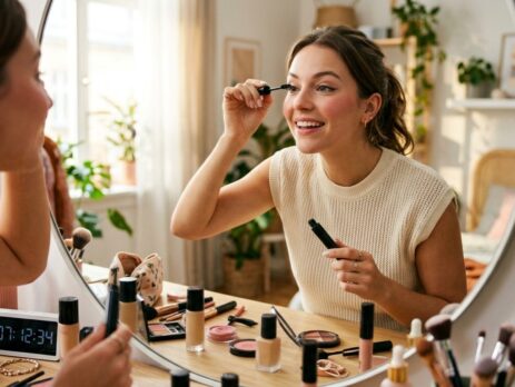 Начало 5 Усмихната млада жена нанася спирала пред огледало, демонстрирайки рутина за бърз грим за 10 минути с козметични продукти като фон дьо тен, руж и четки, подредени на тоалетката
