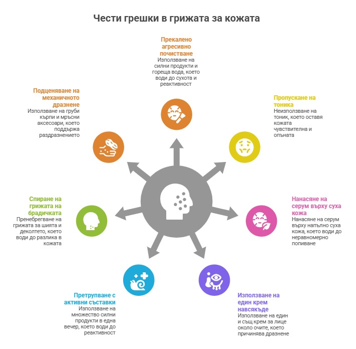 Инфографика, показваща най-разпространените грешки в грижата за лицето и кожата.