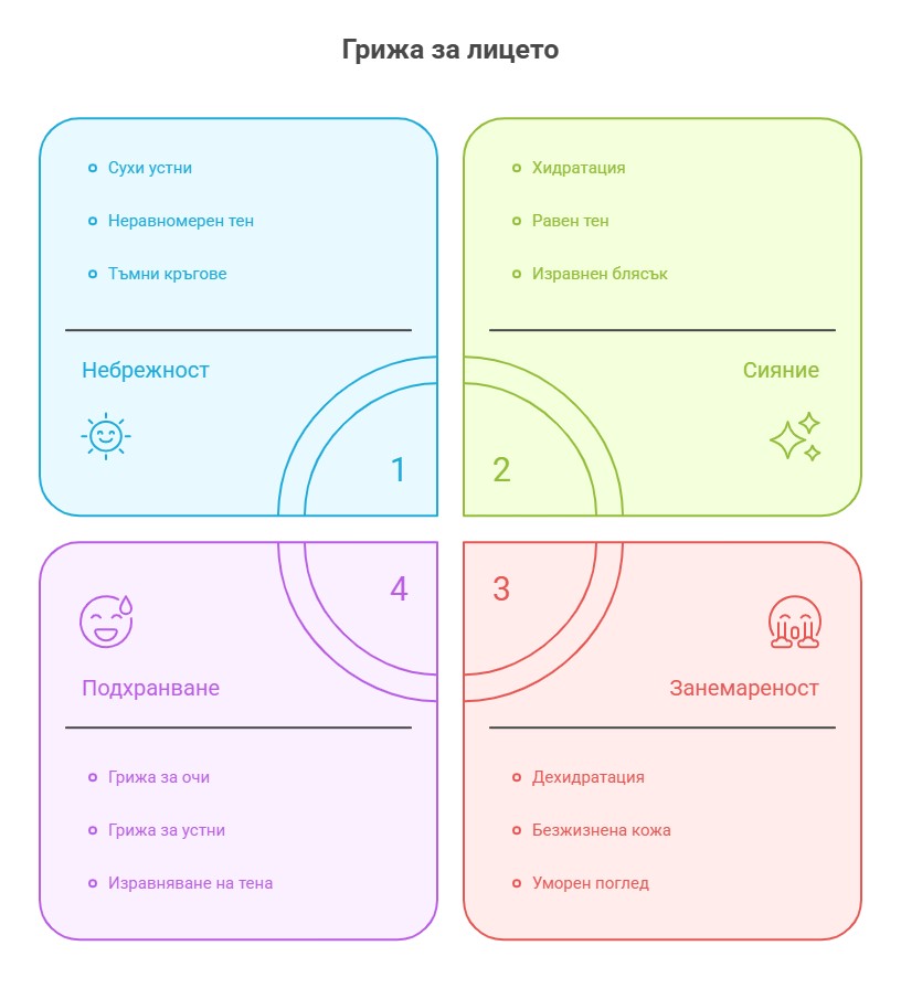 Мини бюти ритуали за заети жени: как да изглеждаме свежи за 10 минути 9 Графика с четири сектора за грижа за лицето, сравняваща състояния като небрежност и занемареност със сияние и подхранване чрез хидратация и равен тен