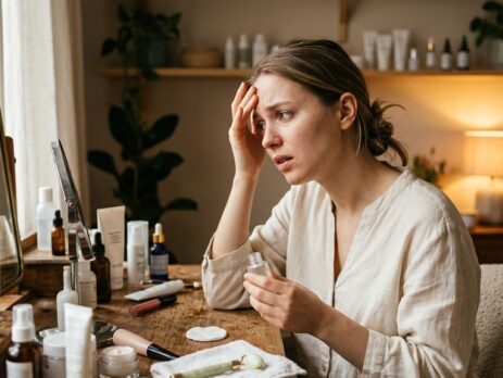 Жена пред огледалото, объркана от множество продукти и грешки в грижата за лицето.