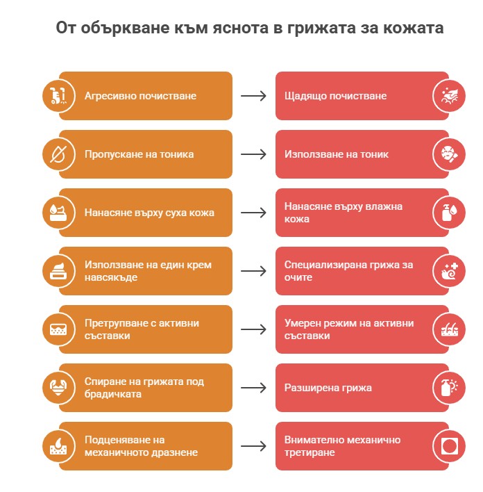 7 грешки в грижата за лицето, които развалят ефекта от козметиката 10 Сравнителна таблица за коригиране на грешки в грижата за лицето чрез правилни стъпки.
