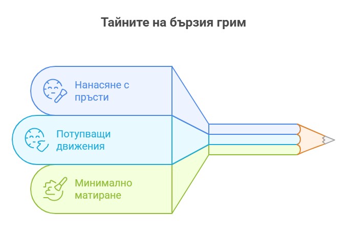 Мини бюти ритуали за заети жени: как да изглеждаме свежи за 10 минути 10 Инфографика във формата на молив, представяща трите основни стъпки за бърз грим: нанасяне с пръсти, потупващи движения и минимално матиране