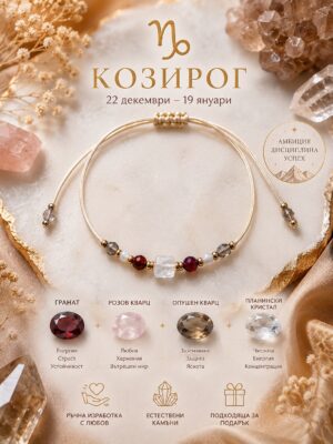 Зодиакална гривна Козирог 1 Регулируема зодиакална гривна за Козирог върху светъл поднос с минерали