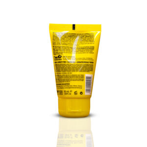 Задна страна на тубичката слънцезащитен крем за лице SPF 50 Avgerinos, показваща баркод, съставки и упътване за употреба.