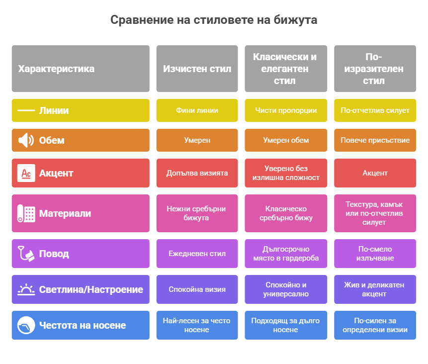 Как да изберем сребърни бижута според формата на лицето и стила ни? 10 Сравнителна таблица за избор на подходящ стил сребърни бижута според формата на лицето и личния вкус