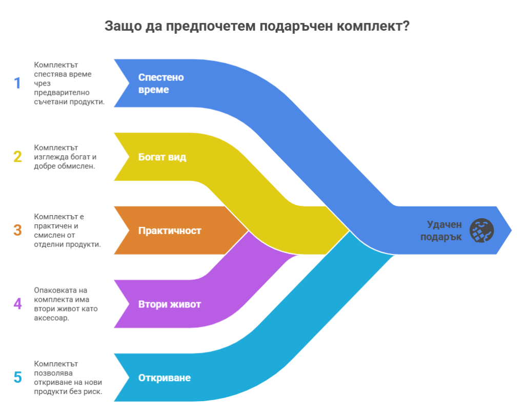 Как да изберем подаръчен козметичен комплект за различни типове жени? 10 Цветна инфографика с пет аргумента за избор на подаръчен козметичен комплект: спестено време, богат вид, практичност, втори живот на опаковката и откриване на нови продукти