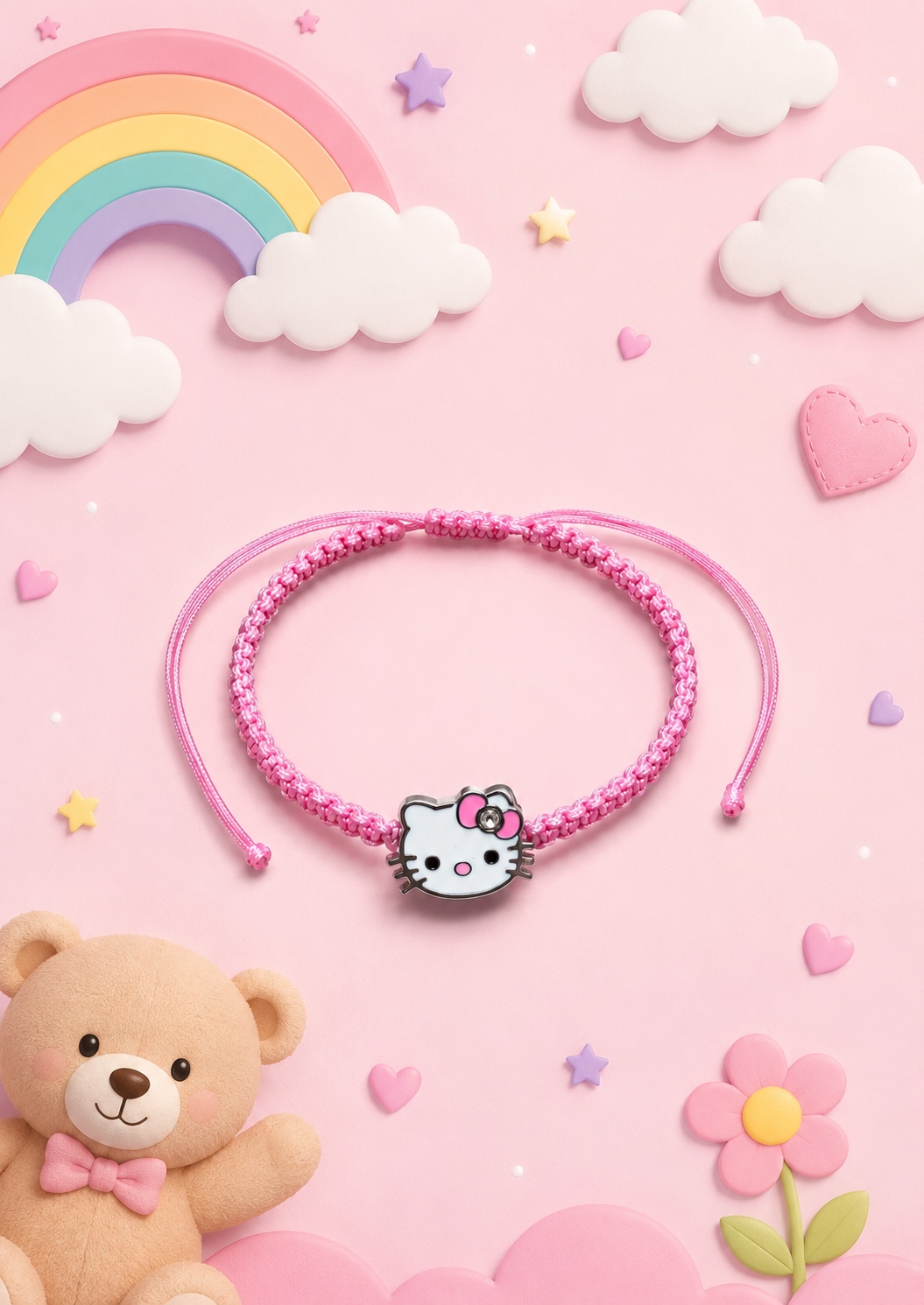 Детска гривна Hello Kitty с розов плетен конец