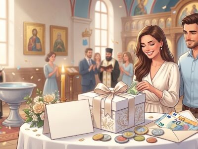 Мъж и жена слагат пари в кутия за подарък за кръщене пред купел в църква