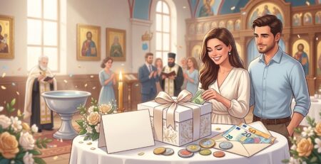 Мъж и жена слагат пари в кутия за подарък за кръщене пред купел в църква