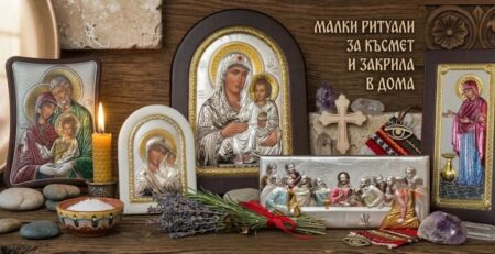 Композиция от сребърни икони, свещ и лавандула, използвани за ритуали за късмет и закрила