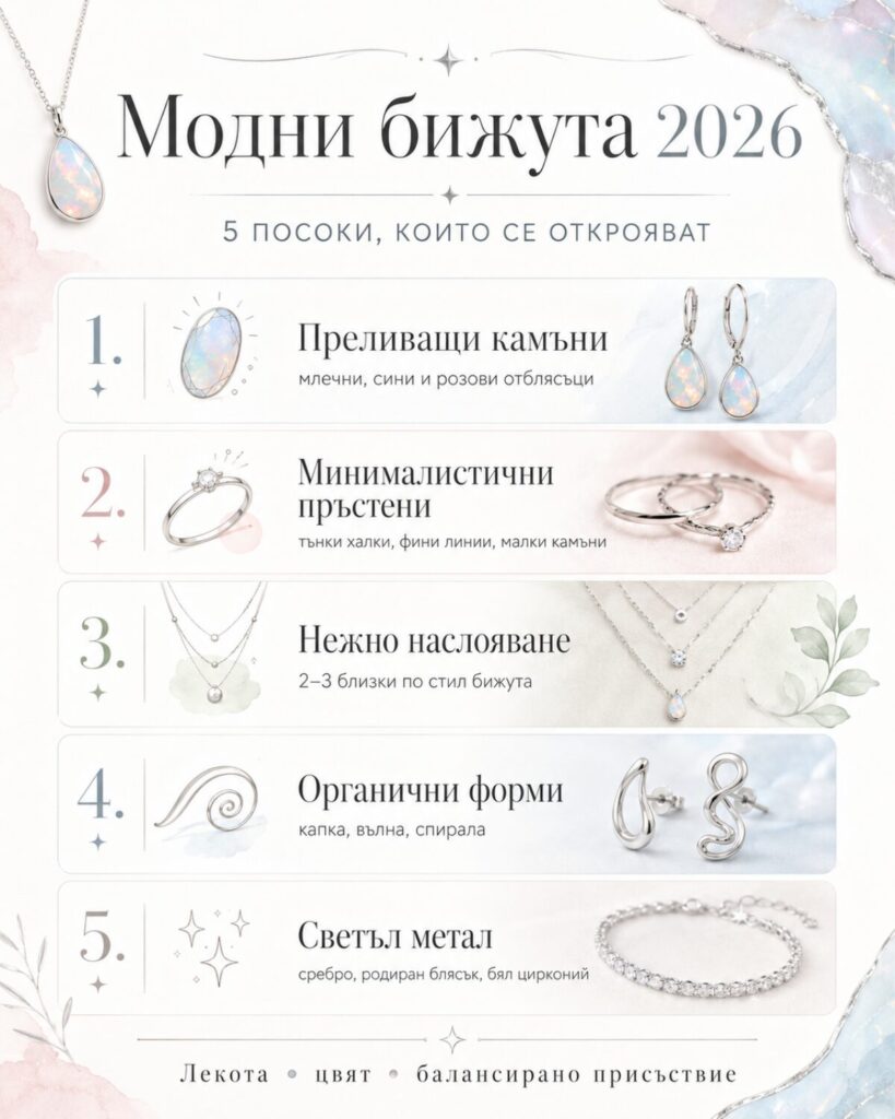 Модни бижута 2026: трендове, които вече се носят 9 Инфографика с петте основни посоки при новите модни бижута – опали, минимализъм и органични форми
