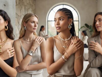 Модели, показващи най-новите модни бижута – масивни колиета, перли и елегантни гривни