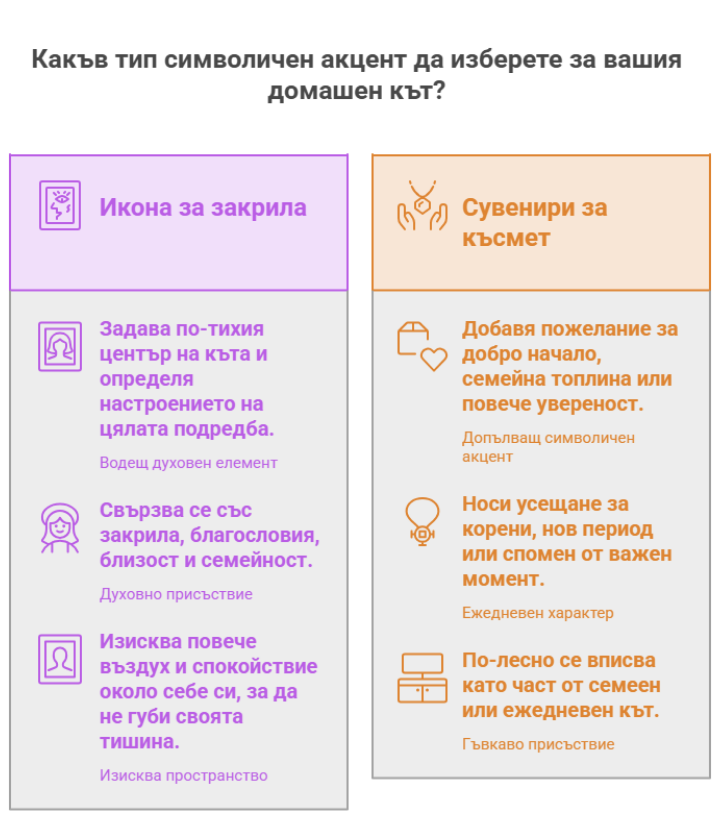 Малки ритуали за късмет и закрила в дома с икони и сувенири 10 Таблица със сравнение между икона за закрила и сувенири за лични ритуали за късмет