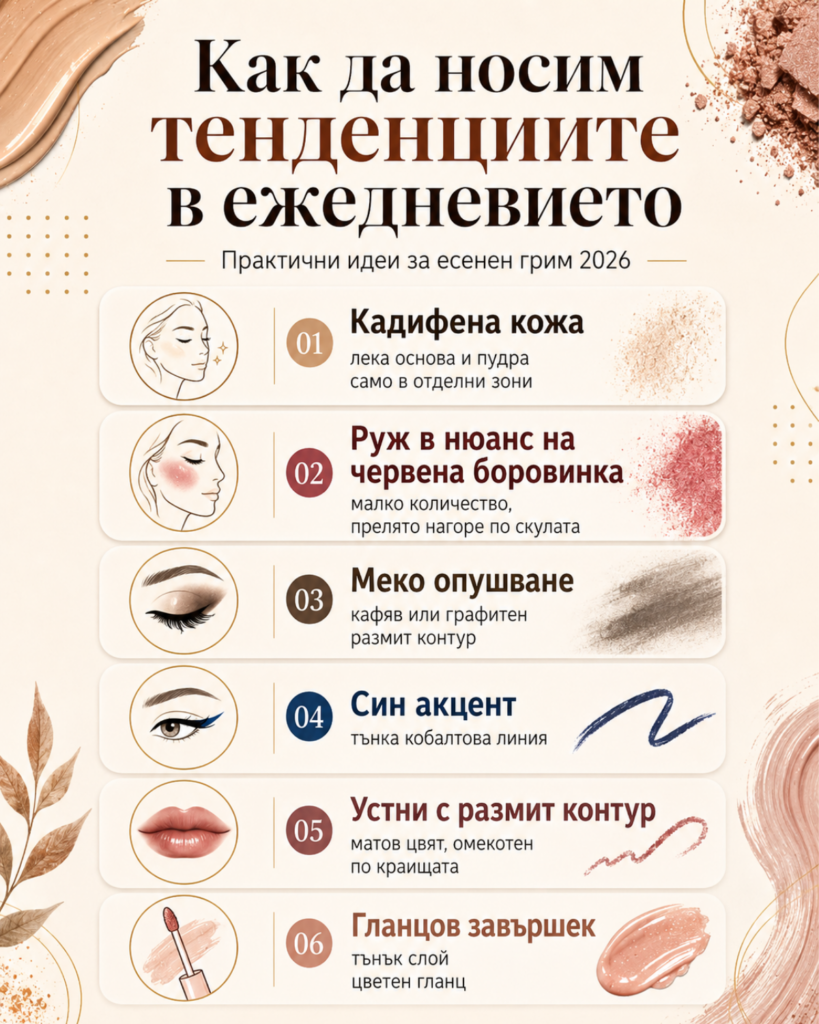 Тенденции в грима за есен 2026: кадифена кожа, меки преливания и смели акценти 10 Инфографика с лесни стъпки и съвети за грима за есен 2026.