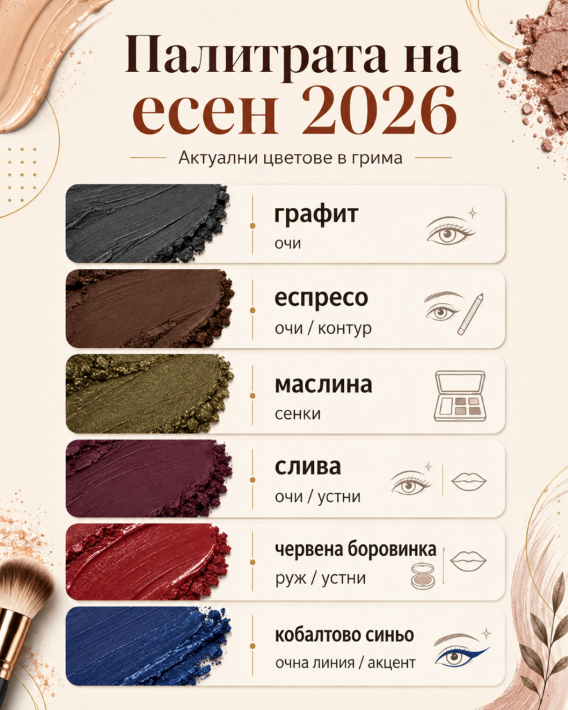 Тенденции в грима за есен 2026: кадифена кожа, меки преливания и смели акценти 9 Модерни нюанси и текстури за грима за есен 2026.