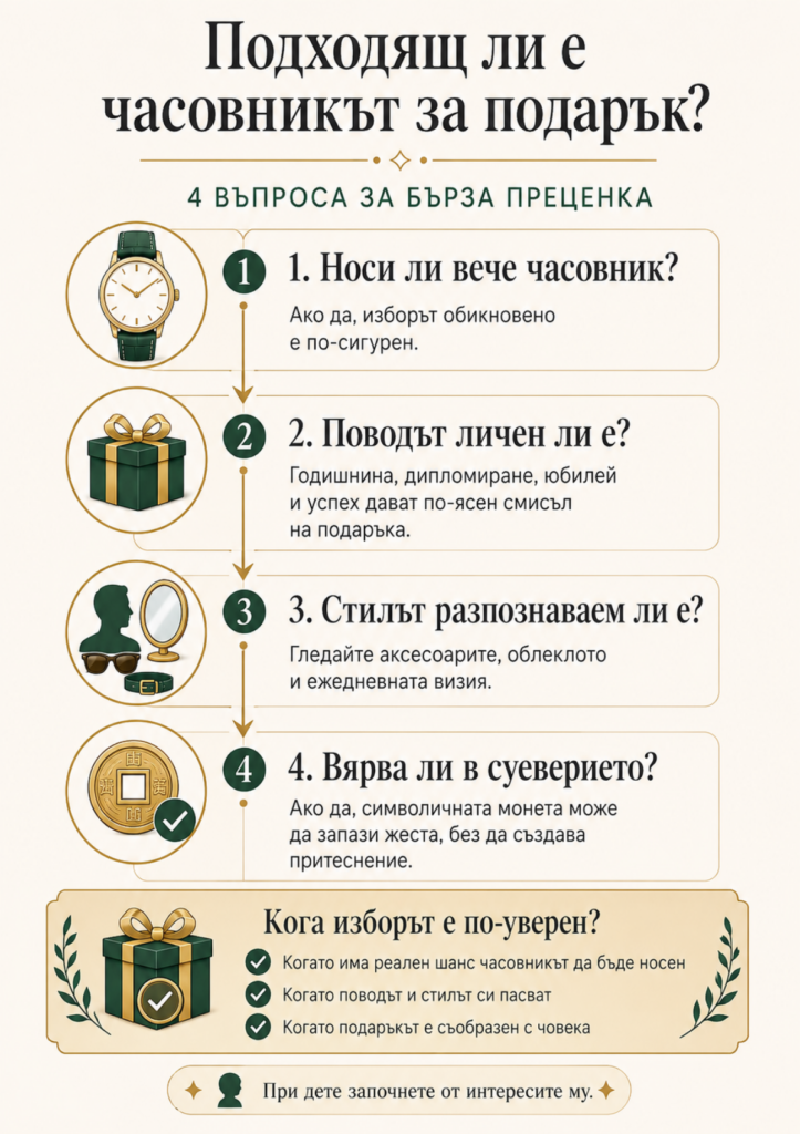 Часовник за подарък: символика, суеверия и как да изберем правилния 9 Инфографика с четири въпроса и съвети за бърза преценка при избор на часовник за подарък.