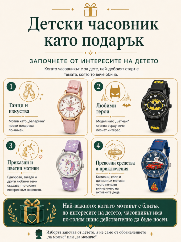 Часовник за подарък: символика, суеверия и как да изберем правилния 10 Инфографика с детски часовници с мотиви на балерина, Батман, еднорог и коли за часовник за подарък